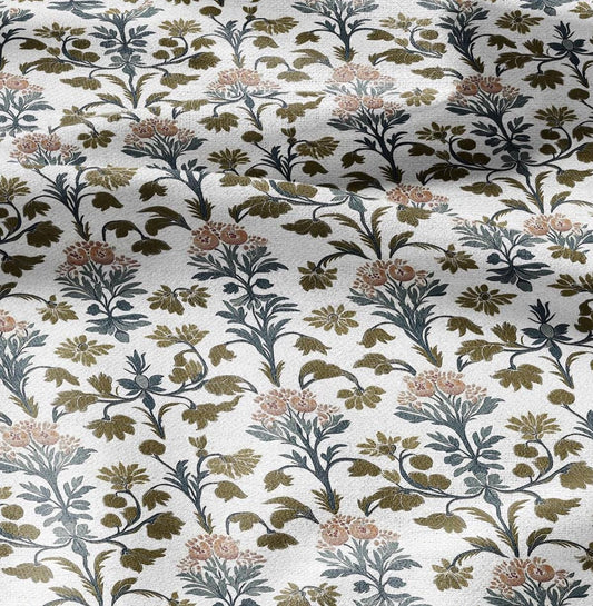 100% LINEN Fabric block print - linen fabric with blue red khaki white floral print - heavy linen fabric for upholstery home decor
