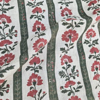 100% LINEN Fabric floral stripe block print on oatmeal linen - green red gray heavy fabric for upholstery - medium weight linen dress making