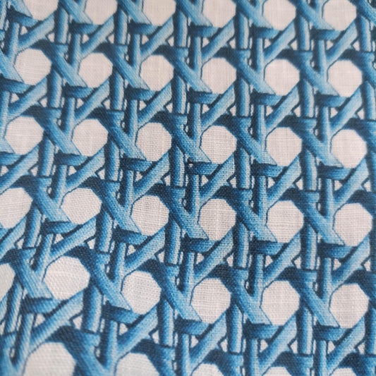 100% LINEN Fabric Blue bamboo trellis - botanical textile artisan fabrics blue white 3687