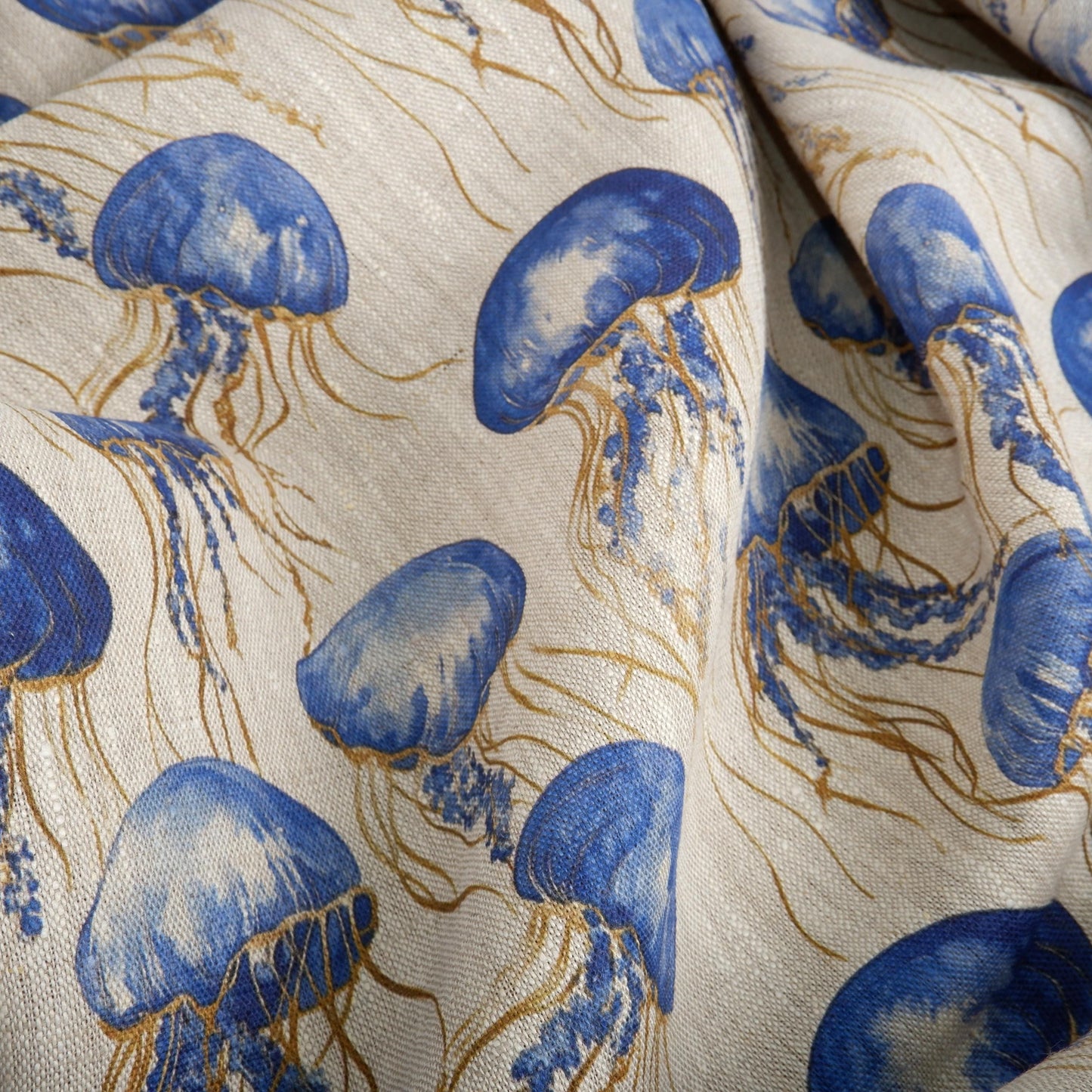 100% LINEN Fabric jellyfish Nautical print - oatmeal linen fabric with blue grey coastal print for upholstery home decor dressmaking