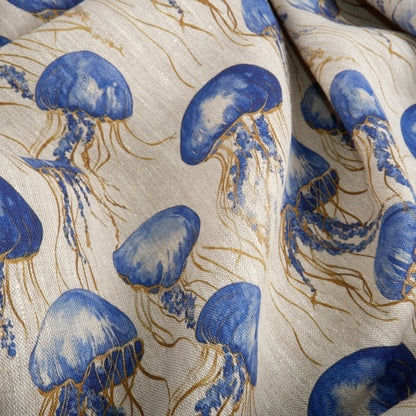 100% LINEN Fabric jellyfish Nautical print - oatmeal linen fabric with blue grey coastal print for upholstery home decor dressmaking