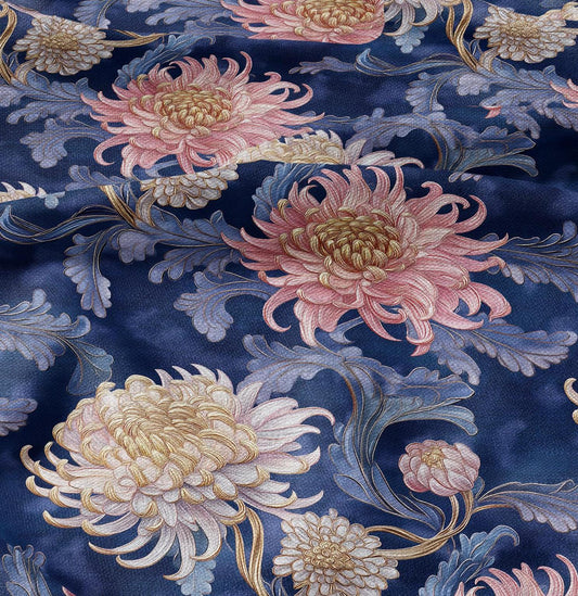 100% LINEN fabric with chrysanthemum print - Victorian Art crafts linen Fabric chinoiserie - Historical upholstery dress making