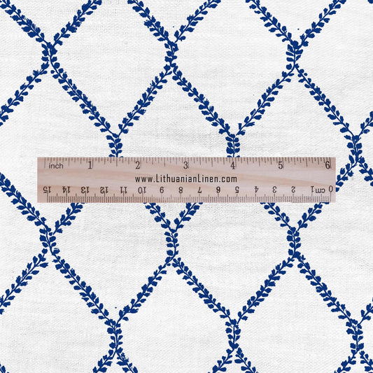 100% LINEN Fabric Herritage trellis print - Grandmillennial Modern vintage blue - upholstery curtains dress making 2949
