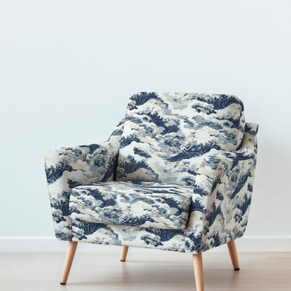 100% LINEN Fabric UPHOLSTERY 12oz - great wave  - Japanese print on linen 2339