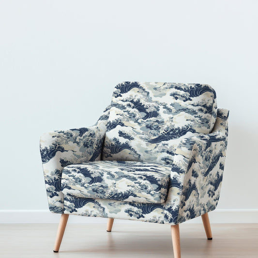 100% LINEN Fabric UPHOLSTERY 12oz - great wave  - Japanese print on linen 2339