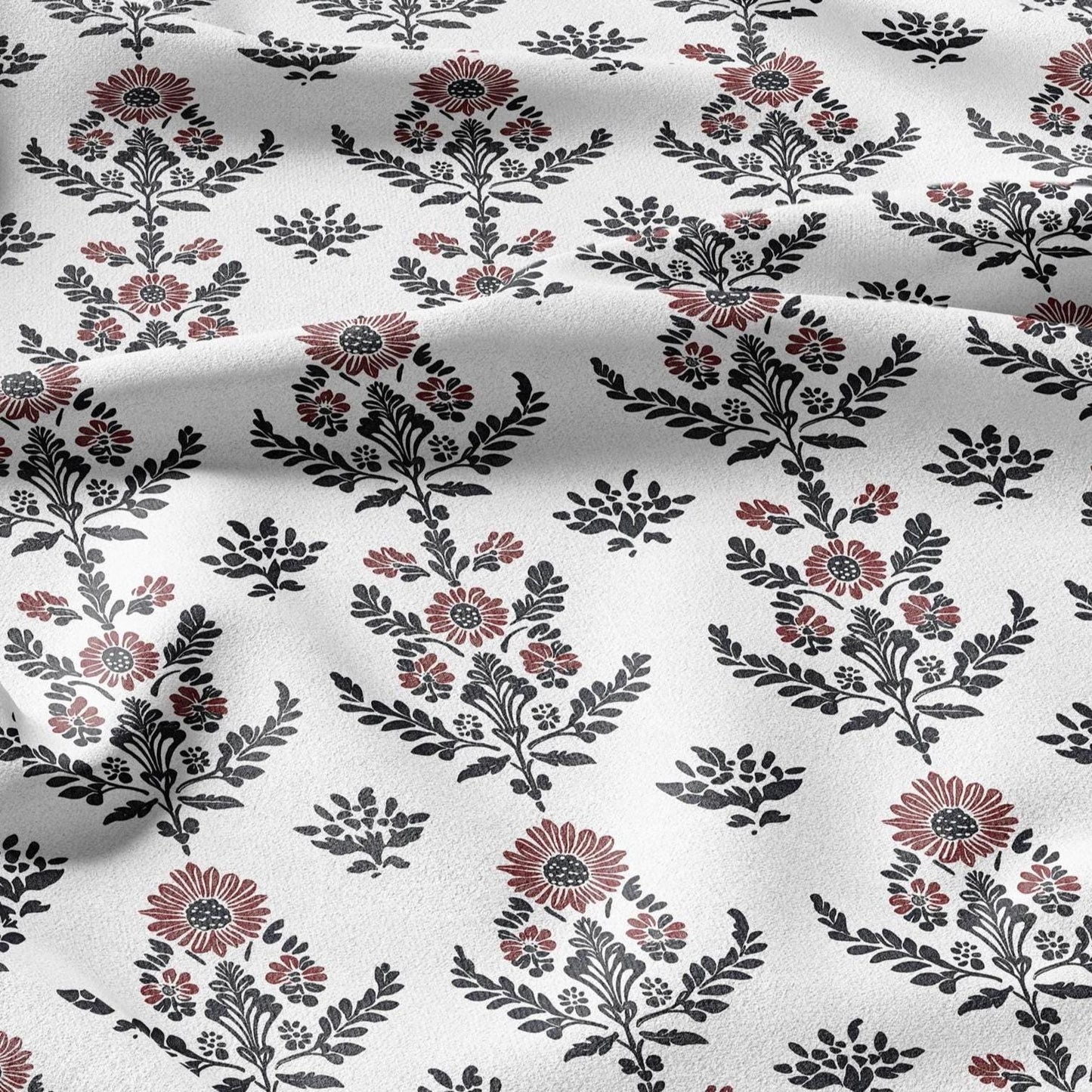 100% LINEN Fabric black red block print - floral fabric for upholstery home decor dress making 2138