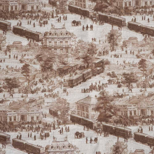 100% LINEN Fabric Toile de Jouy train station - oatmeal linen fabric brown town scenery -  French linen fabric light upholstery sewing 2712