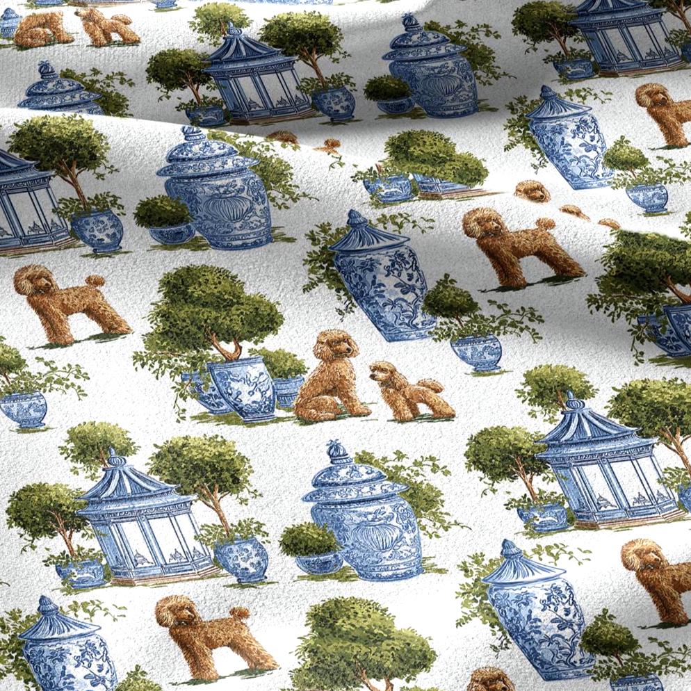 100% linen fabric poodle dog print - Vintage toile de jouy blue green botanical  - Historical chinoiserie topiary 3348