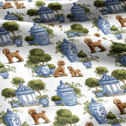 100% linen fabric poodle dog print - Vintage toile de jouy blue green botanical  - Historical chinoiserie topiary 3348