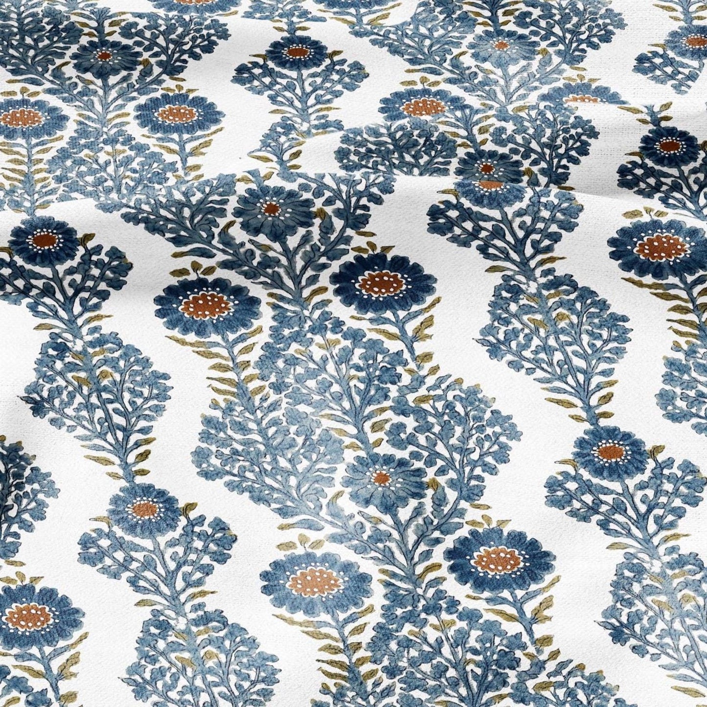 100% LINEN Fabric floral print - blue white stripe block print linen heavy for upholstery home decor - medium for dress making 2932