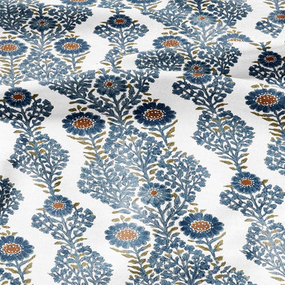 100% LINEN Fabric floral print - blue white stripe block print linen heavy for upholstery home decor - medium for dress making 2932