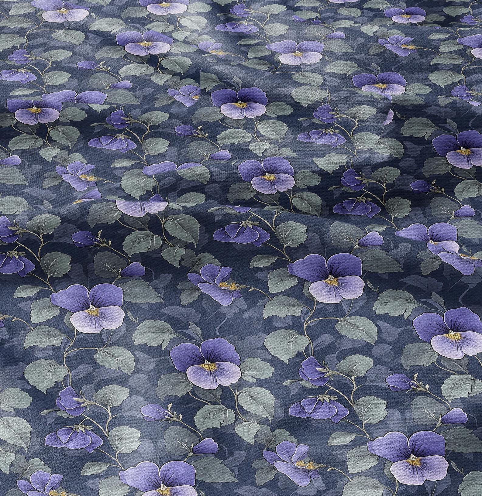 100% LINEN Fabric floral with Viola flower - heavy linen fabric with dark purple print for upholstery home decor curtains dress making