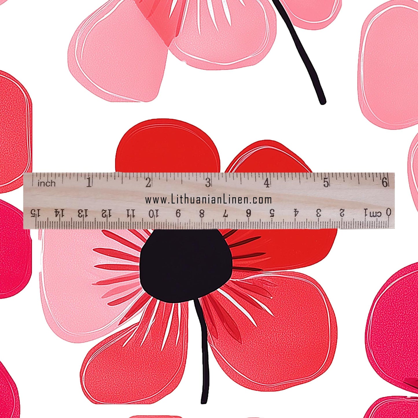 100% LINEN Fabric Red poppy floral print - retro block print flower - for upholstery home decor - medium for dress making 2145