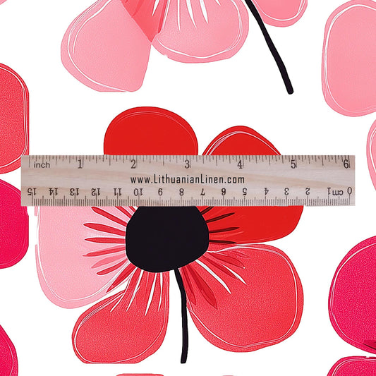 100% LINEN Fabric Red poppy floral print - retro block print flower - for upholstery home decor - medium for dress making 2145