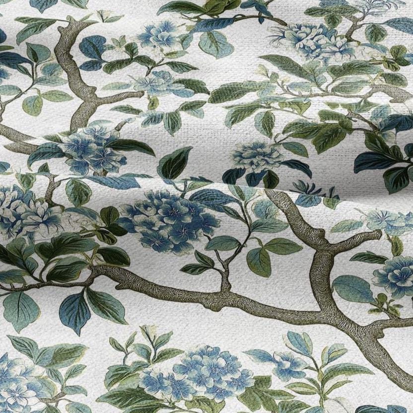 100% LINEN Fabric Block print Lotus blosoom - modern vintage botanical flower upholstery home textile artisan green gray  white 2370