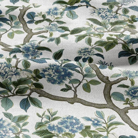 100% LINEN Fabric Block print Lotus blosoom - modern vintage botanical flower upholstery home textile artisan green gray  white 2370