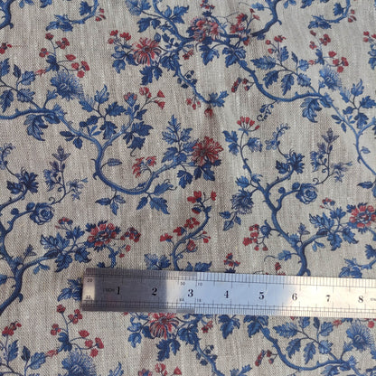 100% LINEN Fabric Toile de Jouy , white botanical fabric with blue indigo red print, French linen floral blossom 326