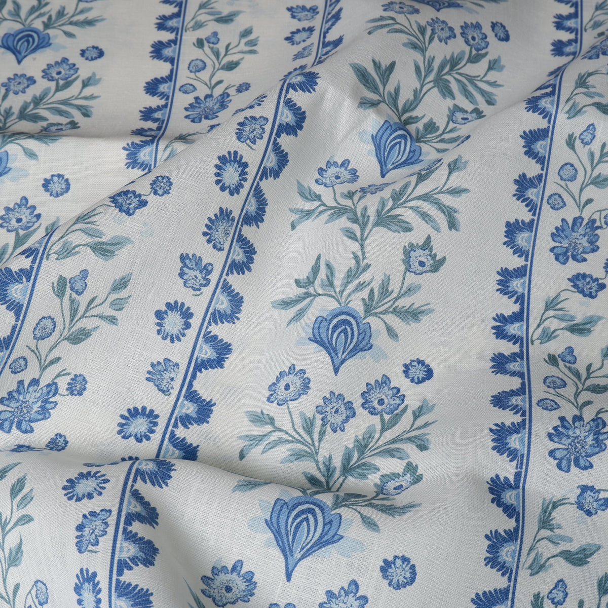 100% LINEN Fabric Floral stripe blue green white - french linen floral upholstery home textile Victorian fabrics 2153