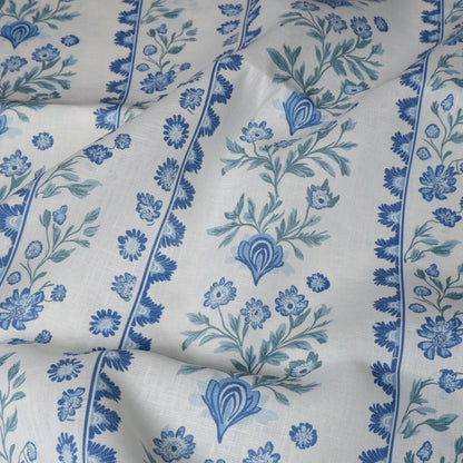 100% LINEN Fabric Floral stripe blue green white - french linen floral upholstery home textile Victorian fabrics 2153