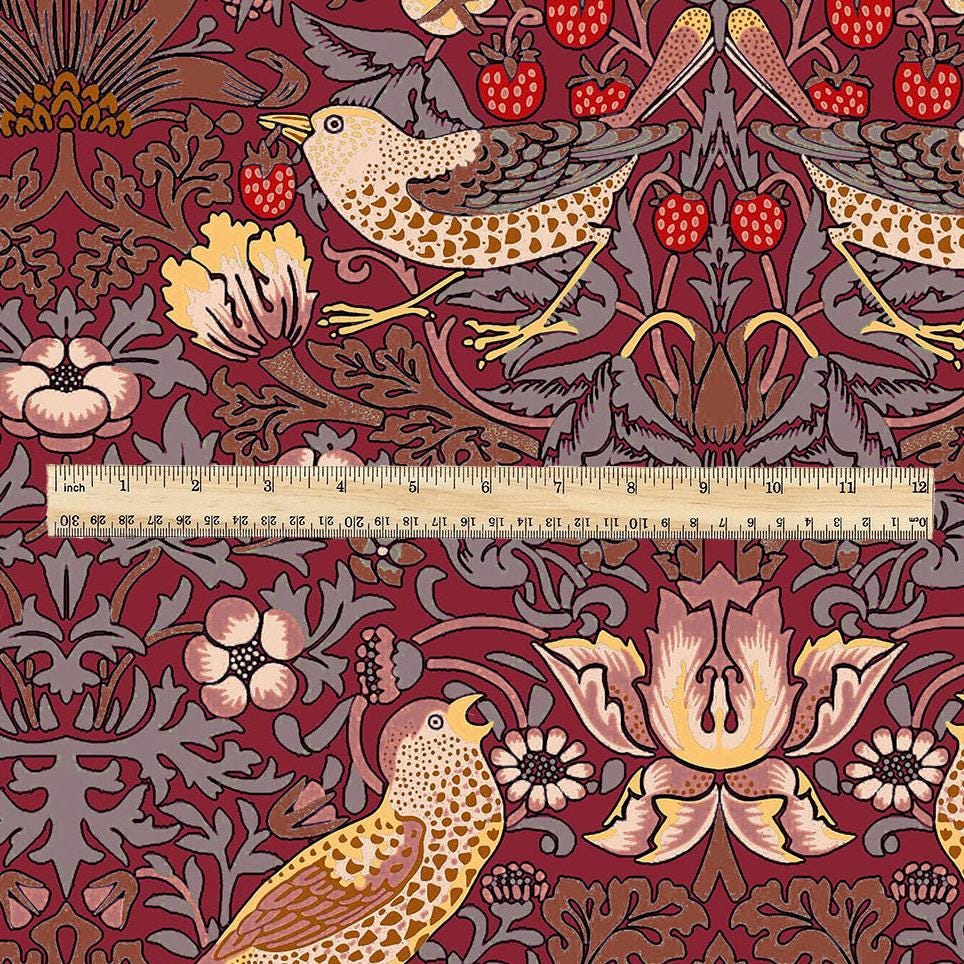 100% LINEN fabric - William Morris Strawberry thief burgundy red - British Victorian Art Craft flax - sewing home decor or clothing 3868