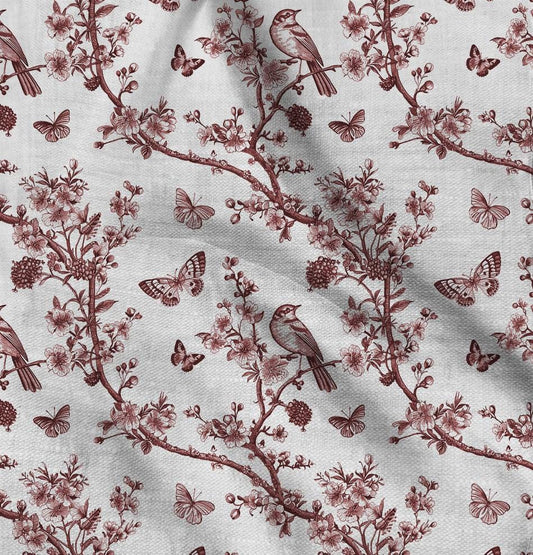 100% LINEN Fabric Floral toile de jouy red print - linen fabric with botanical print - linen fabric for upholstery home decor curtains
