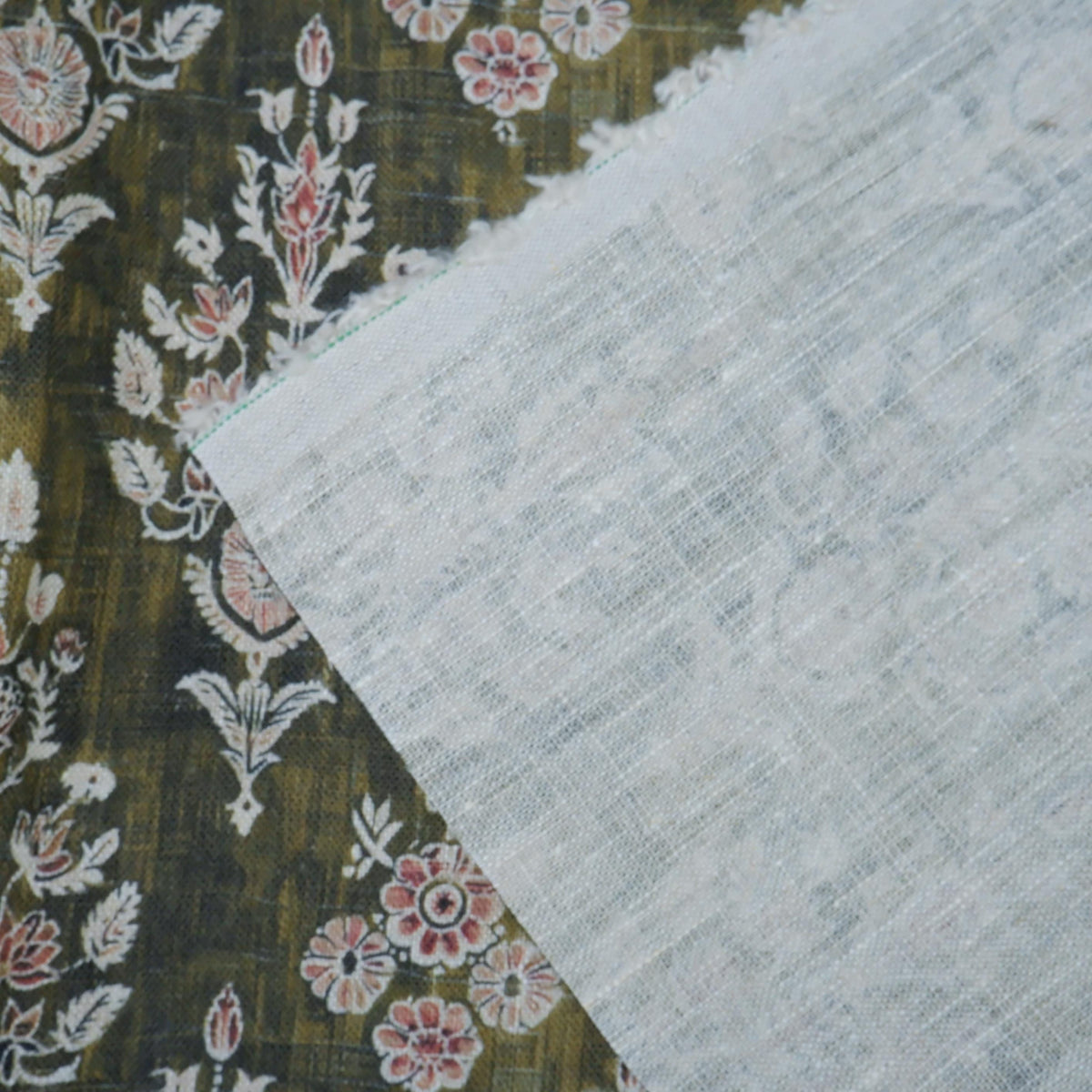 100% LINEN Fabric block print indian khaki green 3659 -  oatmeal linen fabric with green floral print decor