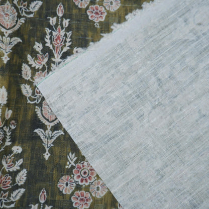 100% LINEN Fabric block print indian khaki green 3659 -  oatmeal linen fabric with green floral print decor