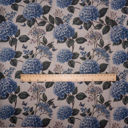 100% LINEN Fabric print Blue Hydrangea -  floral botanical print - heavy for upholstery home decor clothing 3726