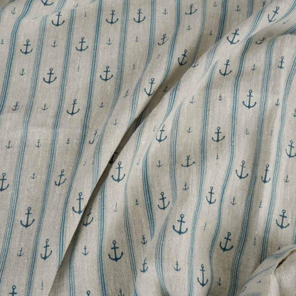 100% LINEN Fabric Anchor stripe print on oatmeal linen - Marine blue gray heavy for upholstery - medium weight linen dress making 2764