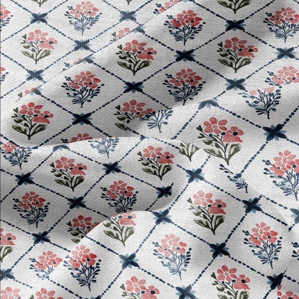 100% LINEN Fabric Floral trellis flower print - botanical indigo blue upholstery curtains dress making 3093