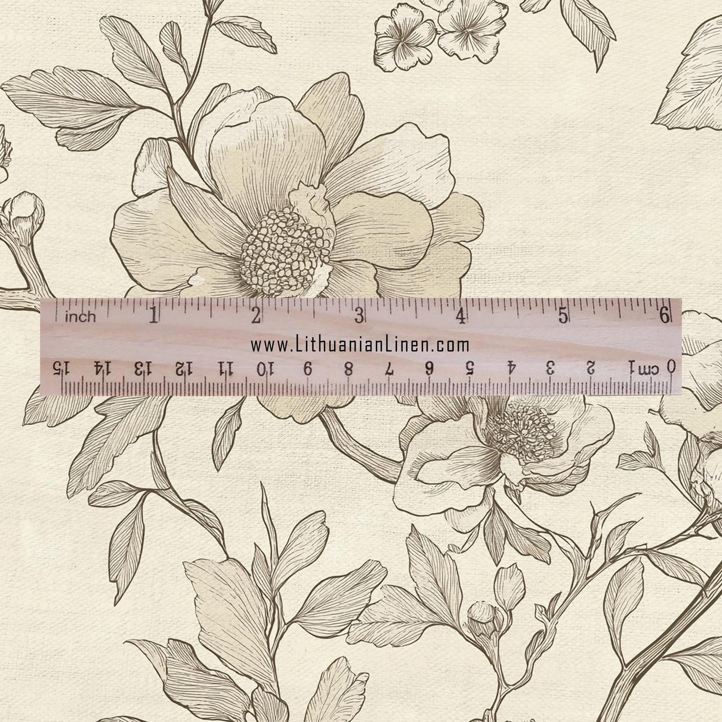 100% LINEN Fabric - beige Wild roses blossom print on white linen - floral botanical French Provence - upholstery sewing dress 2200