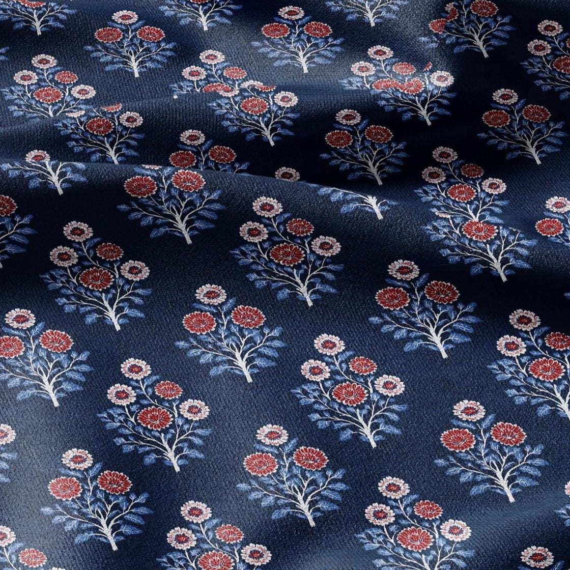 100% LINEN Fabric Champaka block print - indigo blue Indian floral linen heavy for upholstery home decor - medium for dress making 2809