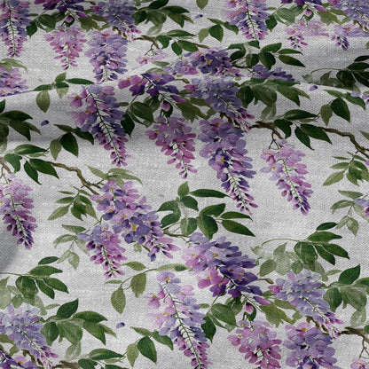 100% LINEN Fabric purple flowers Wisteria -  floral print on oatmeal linen  for home decor sewign dress clothing 3008