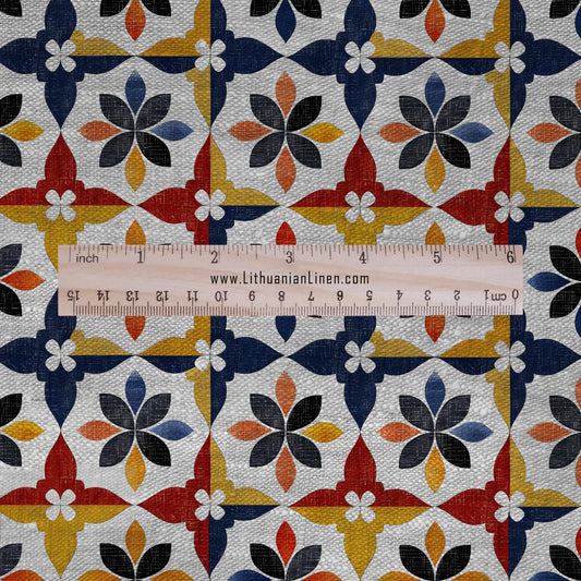 100% LINEN Fabric Japanese indigo colorful Hanagasaku print - Japandi linen print upholstery curtains dress making 2678