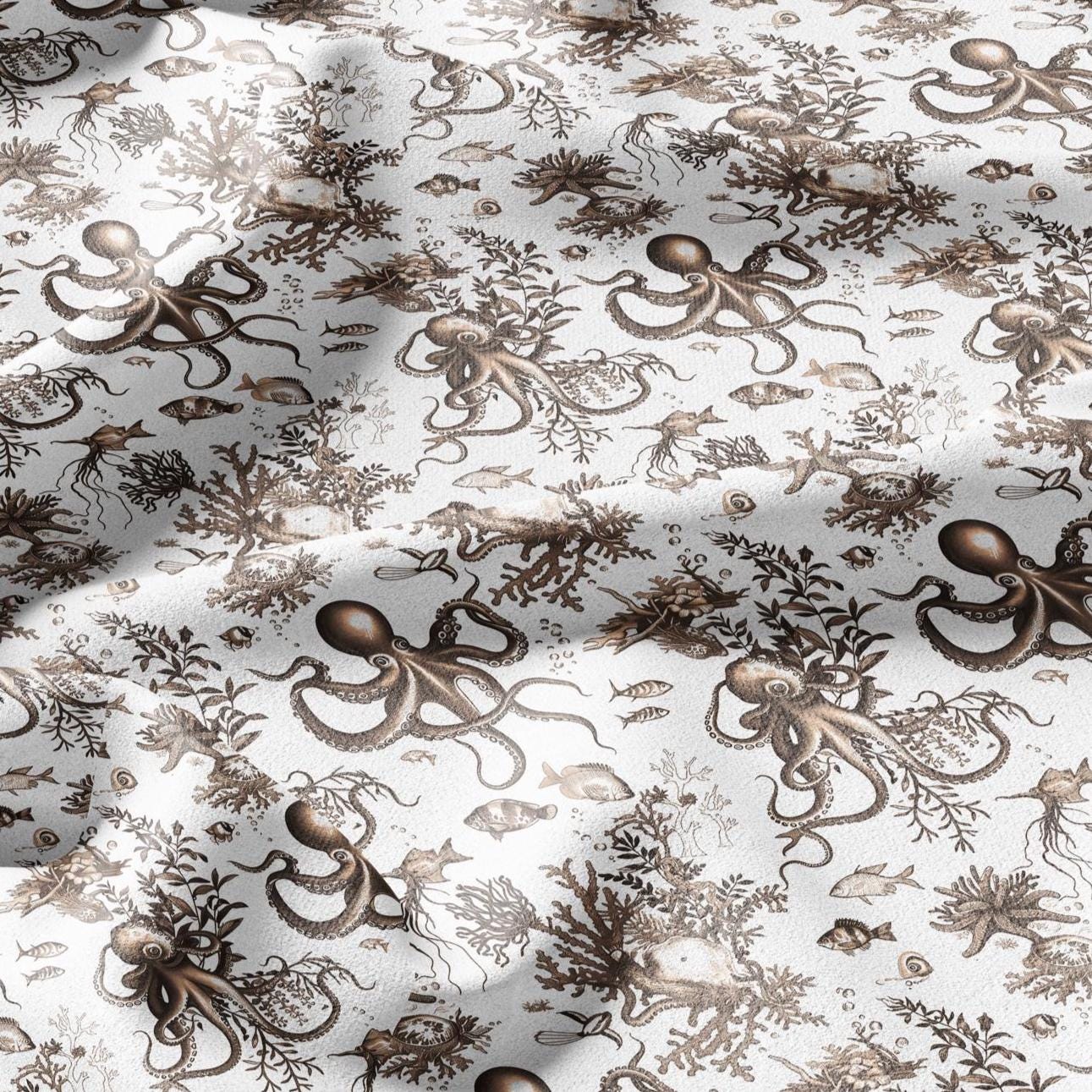 100% LINEN Fabric octopus linen -brown white floral fabric for upholstery home decor dress making 306B