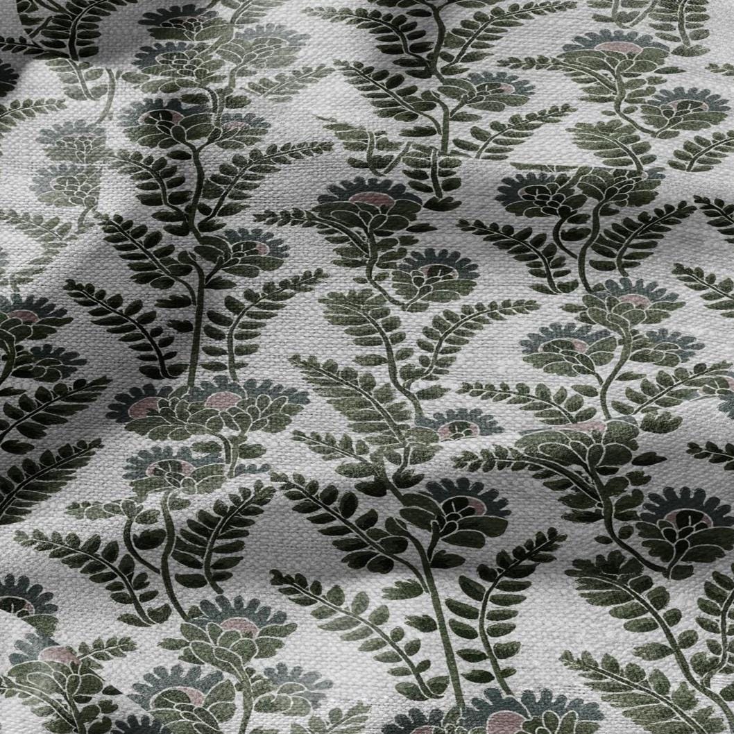 100% LINEN Fabric block print Green leaves flower - oatmeal linen fabric with floral print - heavy for upholstery home decor clothing 3110