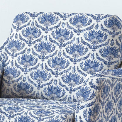 100% LINEN Fabric UPHOLSTERY 12oz - French blue block print on white linen - toile de jouy fabric - floral upholstery heavy 305