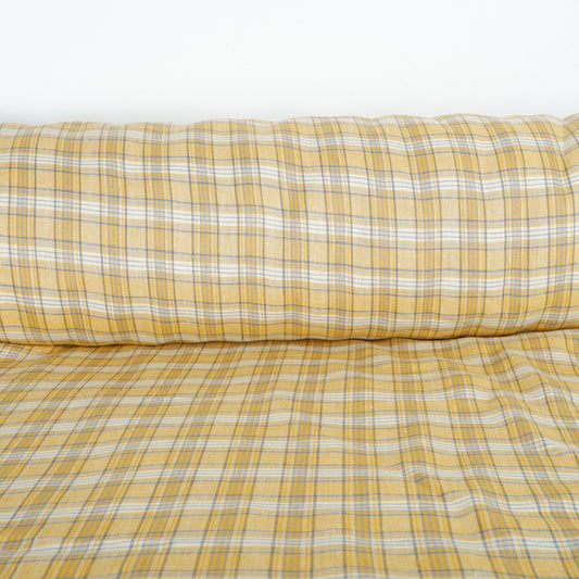 Premium Linen Gingham Fabric in Mustard | Medium weight multicolor check in mustard yellow and brown