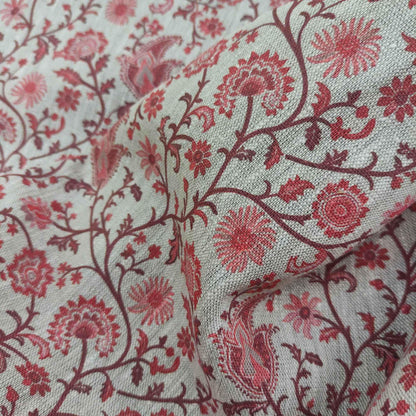 100% LINEN Fabric Toile de Jouy Paisley flowers, oatmeal natur linen fabric with red print, French linen fabric upholstery