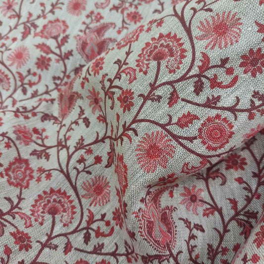 100% LINEN Fabric Toile de Jouy Paisley flowers, oatmeal natur linen fabric with red print, French linen fabric upholstery
