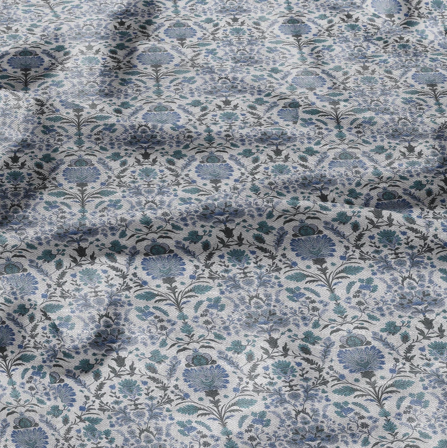 100% LINEN Fabric block print pale blue on white - floral linen Fabric LithuanianLinen for upholstery dressmaking curtains home textile