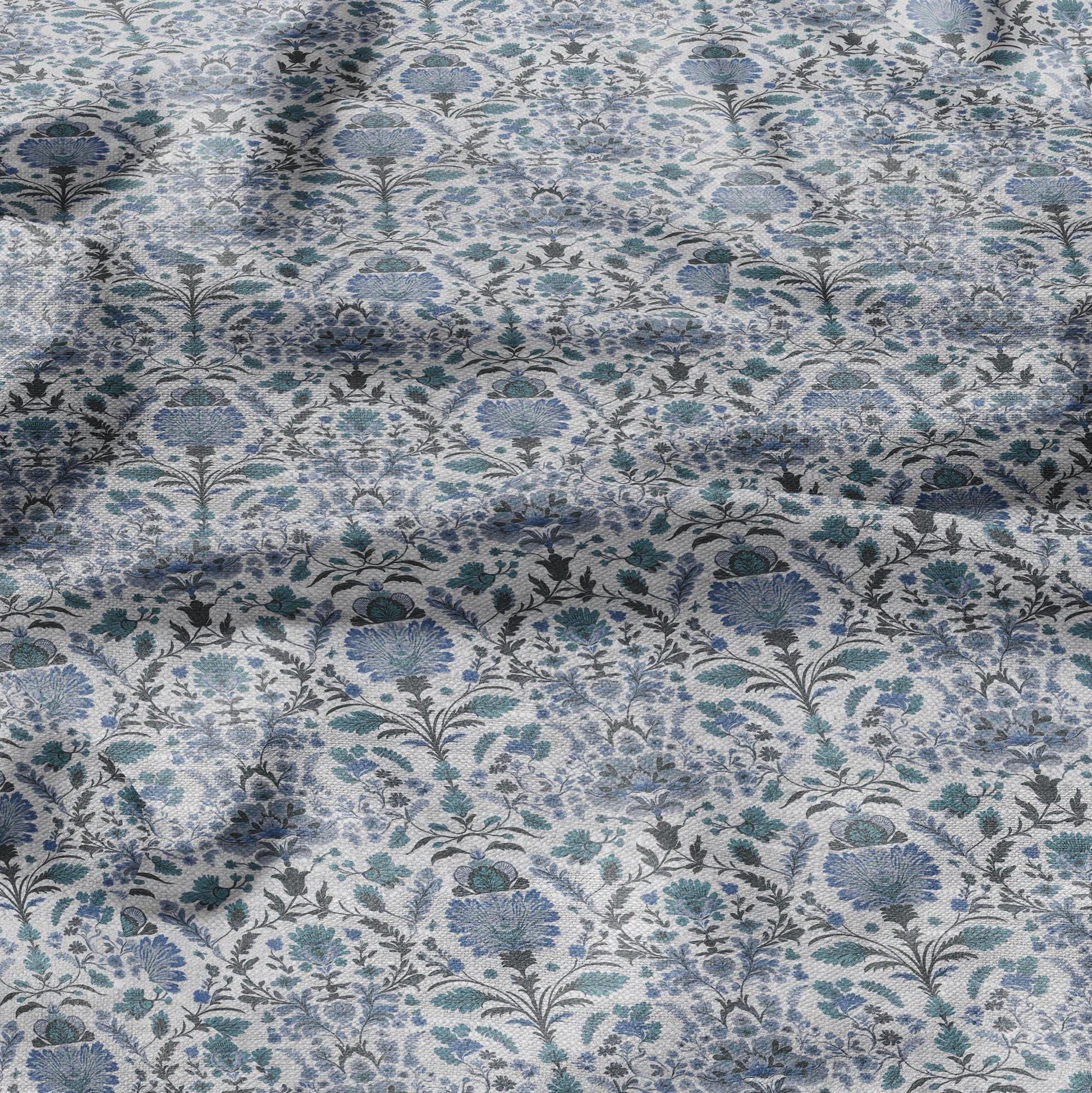 100% LINEN Fabric block print pale blue on white - floral linen Fabric LithuanianLinen for upholstery dressmaking curtains home textile