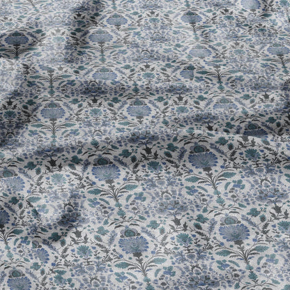 100% LINEN Fabric block print pale blue on white - floral linen Fabric LithuanianLinen for upholstery dressmaking curtains home textile