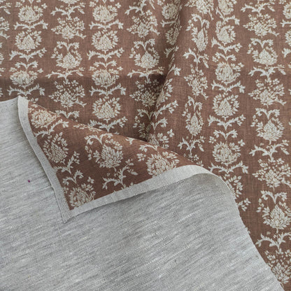 100% linen beige Block prints fabric for Curtain Upholstery Cushion Viburnum- Art deco flower print fabric for dress making sewing