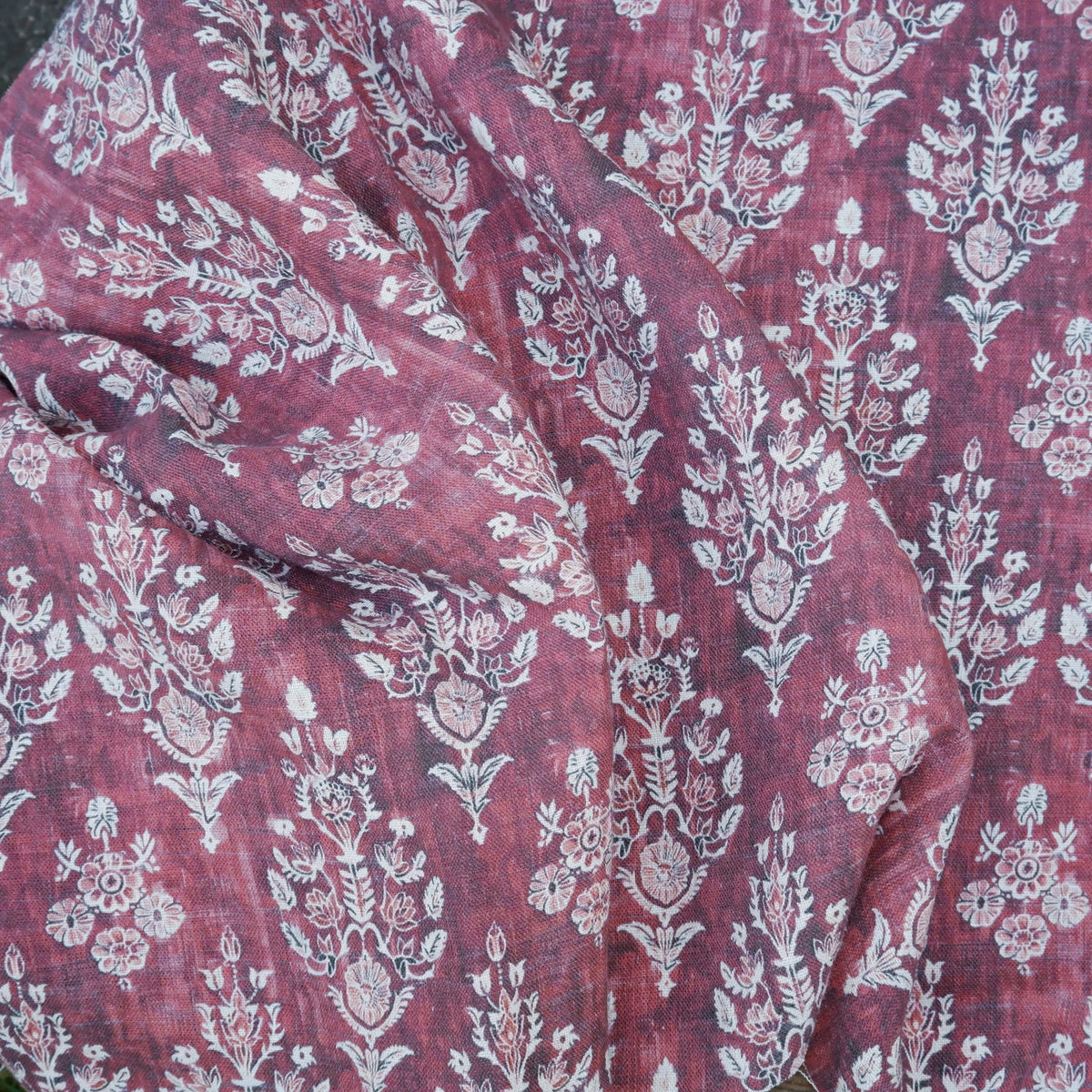 100% LINEN Fabric block print indian red  3662 -  oatmeal linen fabric with green floral print decor