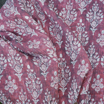100% LINEN Fabric block print indian red  3662 -  oatmeal linen fabric with green floral print decor