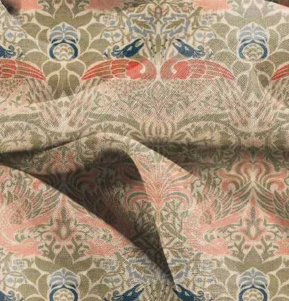 William Morris Dragon and peacock print on  100% LINEN, Victorian Art and crafts linen Fabric, Linen fabric botanical Historical pattern