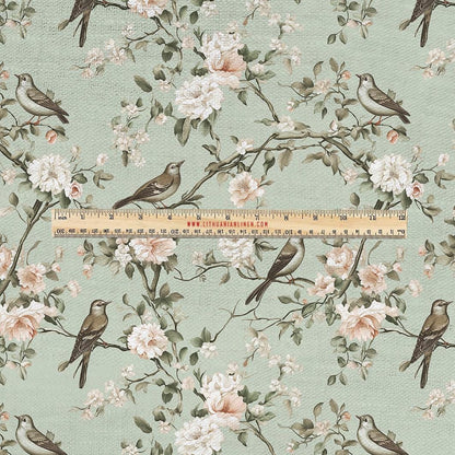 100% LINEN Fabric UPHOLSTERY 12oz - Pale green toile de jouy print with tree blossom with birds on linen - Modern vintage pattern 355