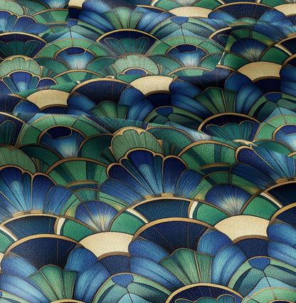 100% LINEN Fabric Art deco blue green - fan print linen Fabric LithuanianLinen for upholstery dressmaking curtains home textile Art Noveau