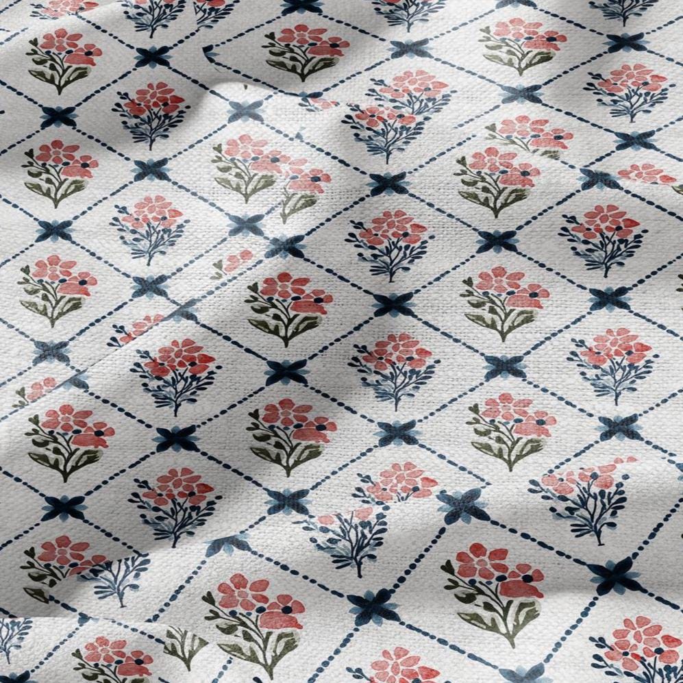 100% LINEN Fabric Floral trellis flower print - botanical indigo blue upholstery curtains dress making 3093